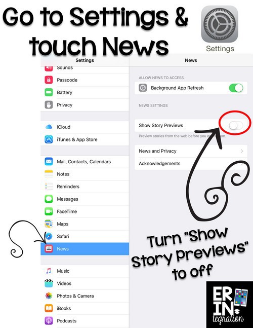 Change the News feed settings in the latest iOS 9 update on elementary student iPads. I'm all for current events but only those from kid friendly appropriate sources. A quick change will easily hide images and descriptions in the the feed from young student eyes.