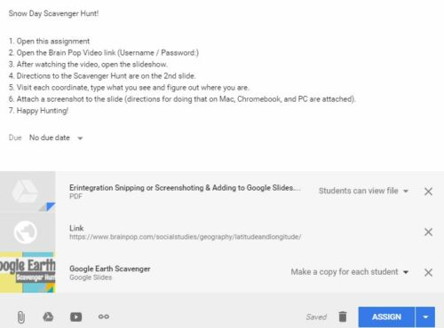 Google classroom snow day assignment: Google Earth Scavenger Hunt. Free downloads at the link!