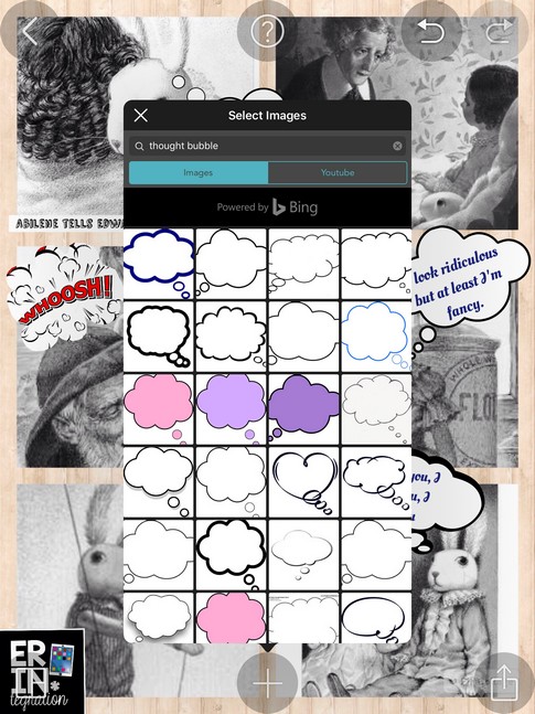 Turn any photo collage into a digital comic strip on the iPad by using the free app PicCollage's image search to find speech and thought bubbles. Genius!