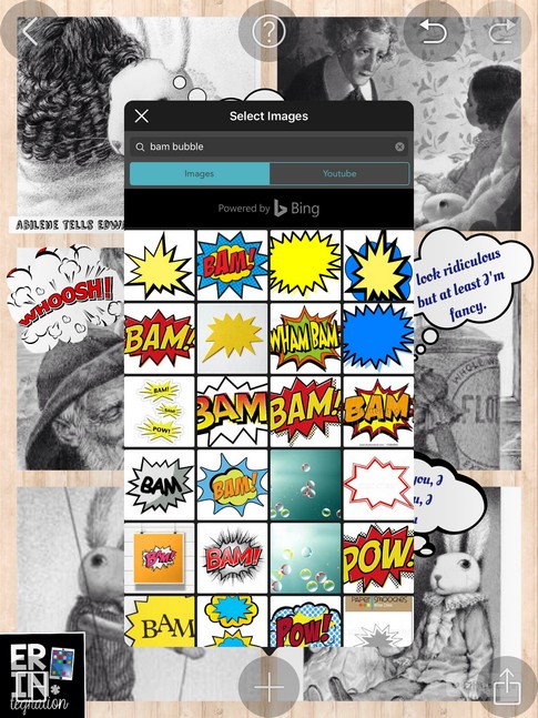 Turn any photo collage into a digital comic strip on the iPad by using the free app PicCollage's image search to find speech and thought bubbles. You can also search for action bubbles! Genius!