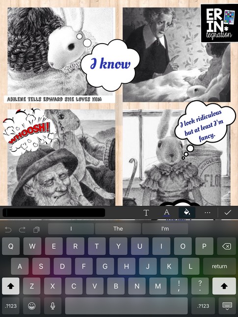 Turn any photo collage into a digital comic strip on the iPad by using the free app PicCollage's image search to find speech and thought bubbles. Then add text over them! Genius!