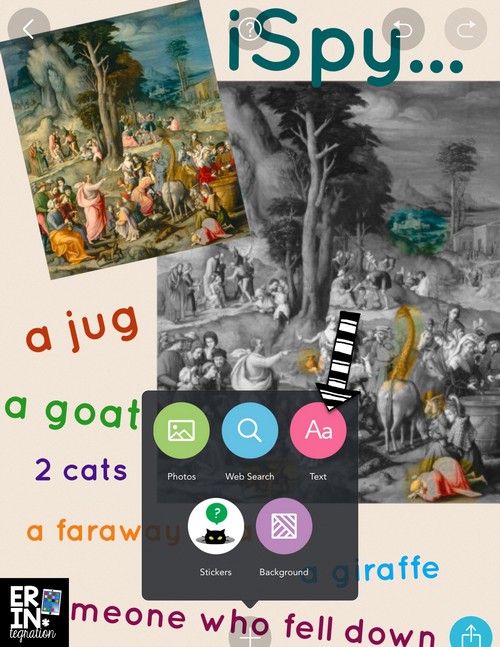 Use the splash tool on the free iPad app Pic Collage to make hidden picture from a masterpiece artwork or illustration from a book. Technology integration & art. Plus it ties into a close reading lesson. Learn how at the link. 