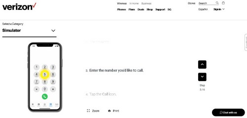screenshot of Verizon mobile phone simulator