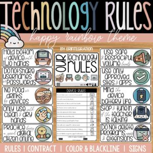 Boho Rainbow Technology Rules Posters | Bulletin Board | Color & Blackline